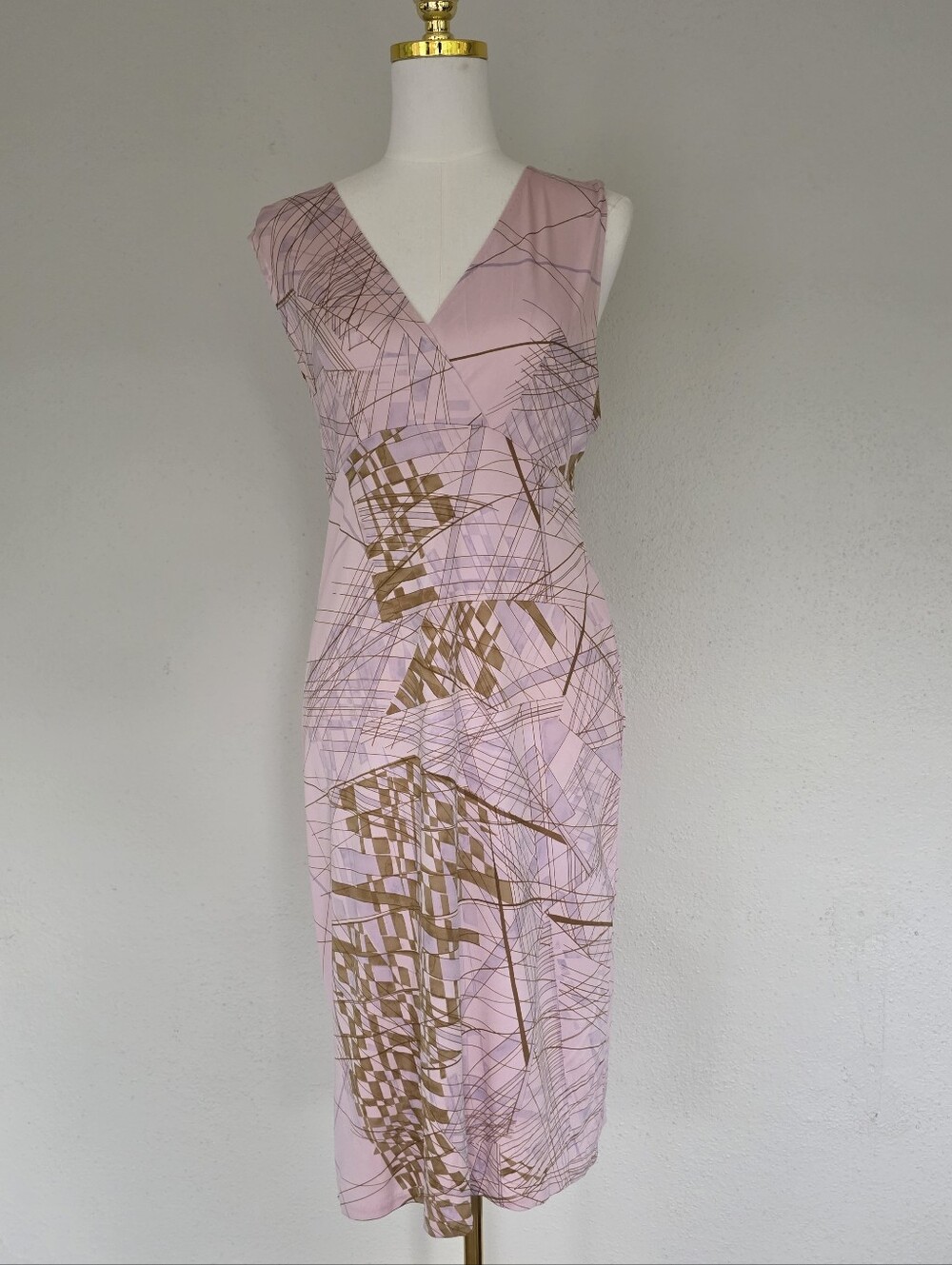 Vintage 90s Sleeveless Pink Abstract-Print Silk V-Neck Midi Dress L
